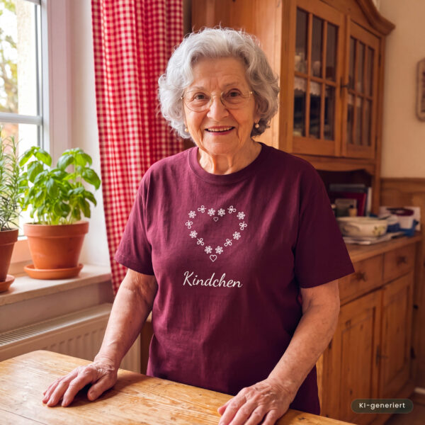 &Auml;ltere Frau in bordeauxrotem T-Shirt mit Blumenherz und Schriftzug Kindchen in einer Landhausk&uuml;che