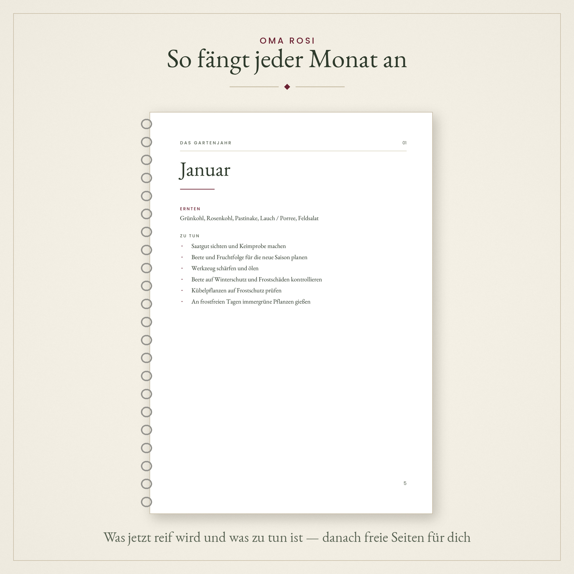 Aufgeschlagene Januarseite aus Omas Gartentagebuch mit Erntehinweisen und Aufgabenliste