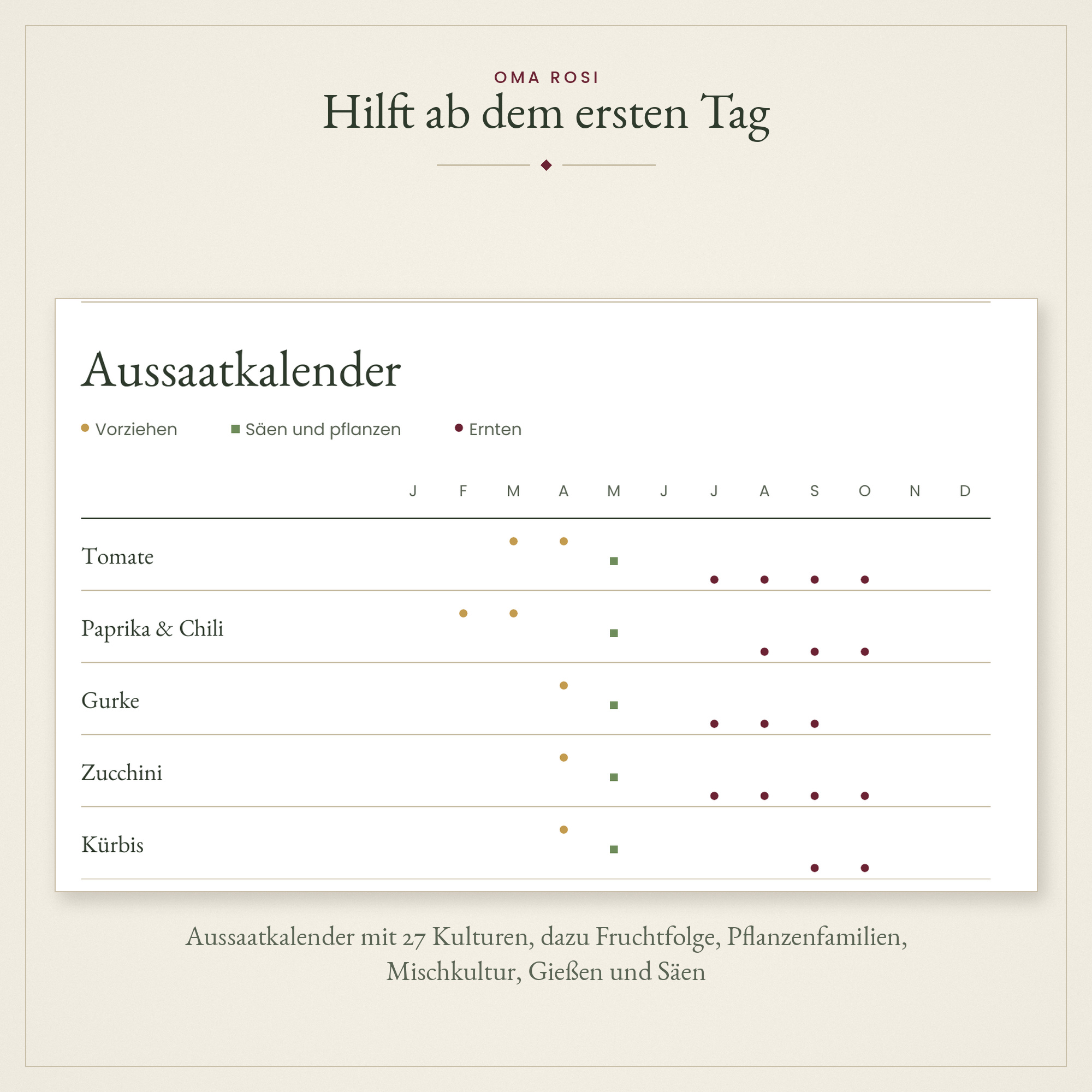Aussaatkalender mit 27 Gemüsekulturen und Symbolen für Vorziehen, Säen und Ernten