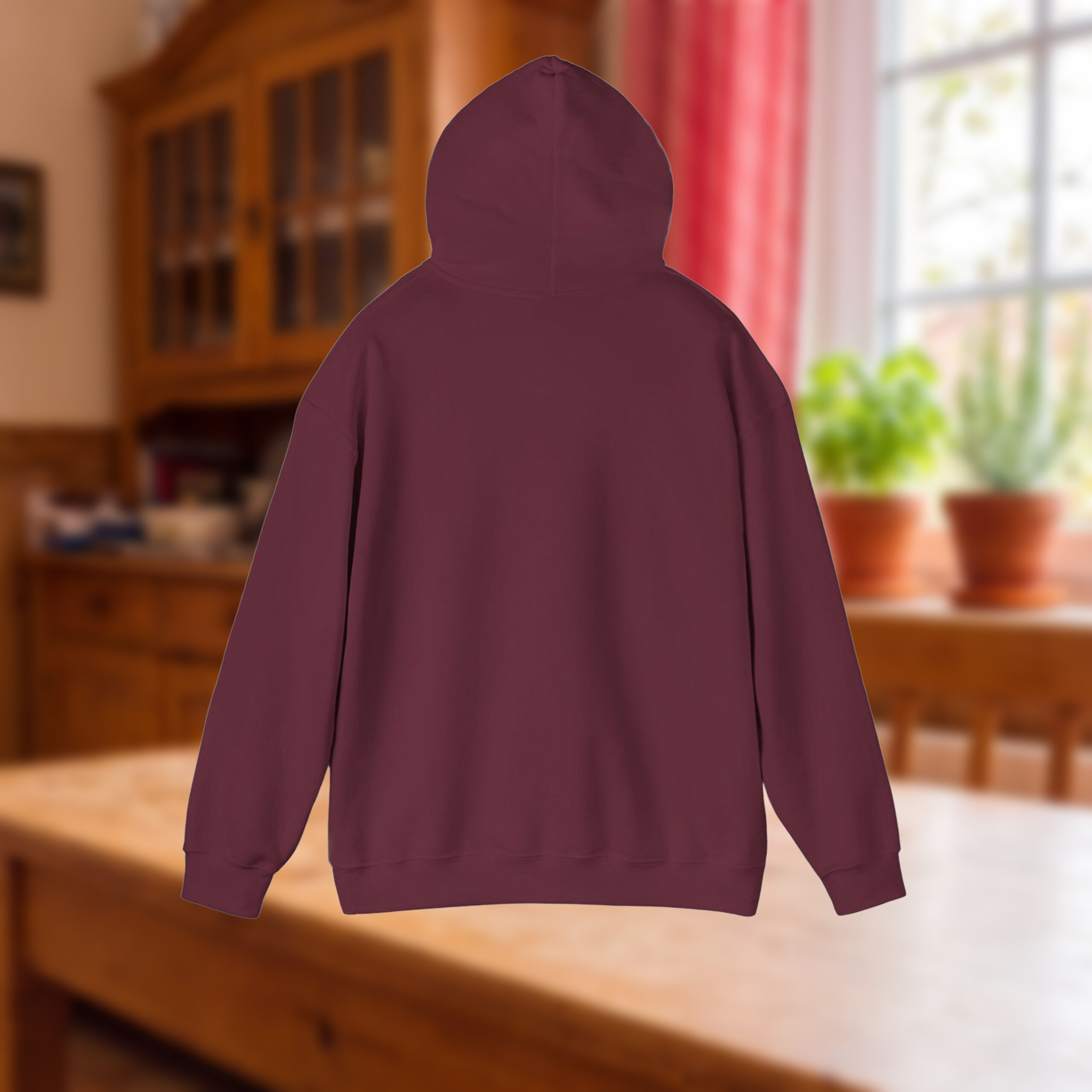 Bordeauxroter Unisex-Kapuzenpullover von hinten, ohne Aufdruck